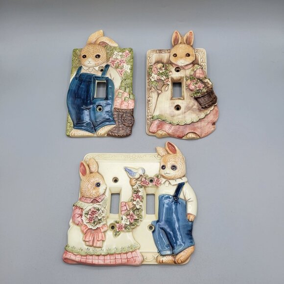 Takahashi Mr Mrs and Baby Bunnies Rabbits Light Switch Covers Ceramic Japan - Picture 1 of 8